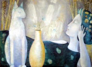 Blue Lady and Cat, painting by Sibyl MacKenzie