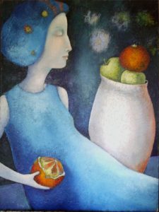 Lady in Blue with Orange, painting by Sibyl MacKenzie
